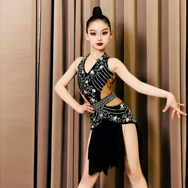 Custom size girls kids black fringe competition Latin Dance dress modern dance Flower Costume Blackpool Art Exam Skirt - Moderndancedress.com