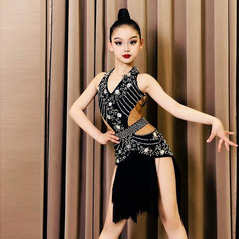 Custom size girls kids black fringe competition Latin Dance dress modern dance Flower Costume Blackpool Art Exam Skirt - Moderndancedress.com