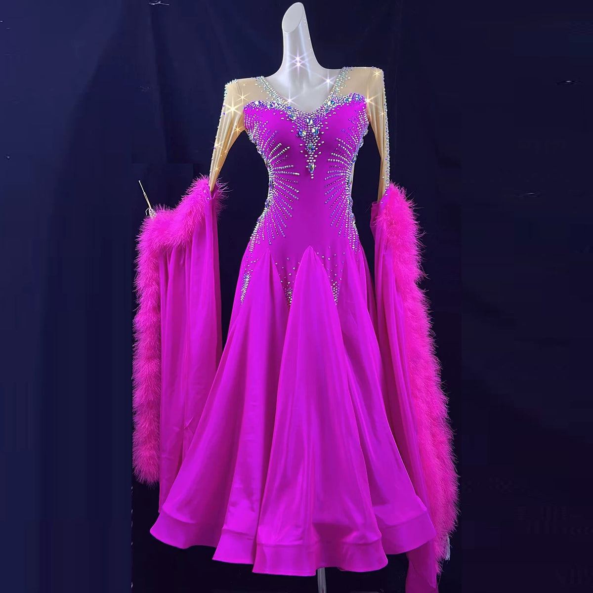 Custom Fuchsia Competition Ballroom Dance Dress Waltz Tango Gown with Feather Float