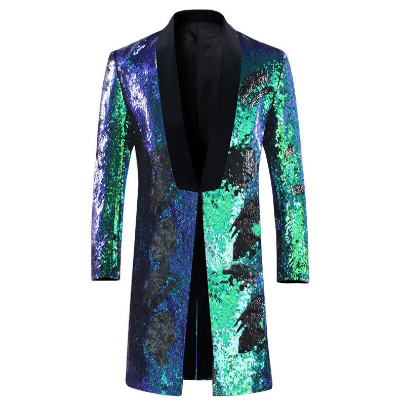 Men's Jazz Dance Costumes Turquoise Green Gold Two-color Sequined Host Singer Emcee Performance Long Coat for Male - Moderndancedress.com