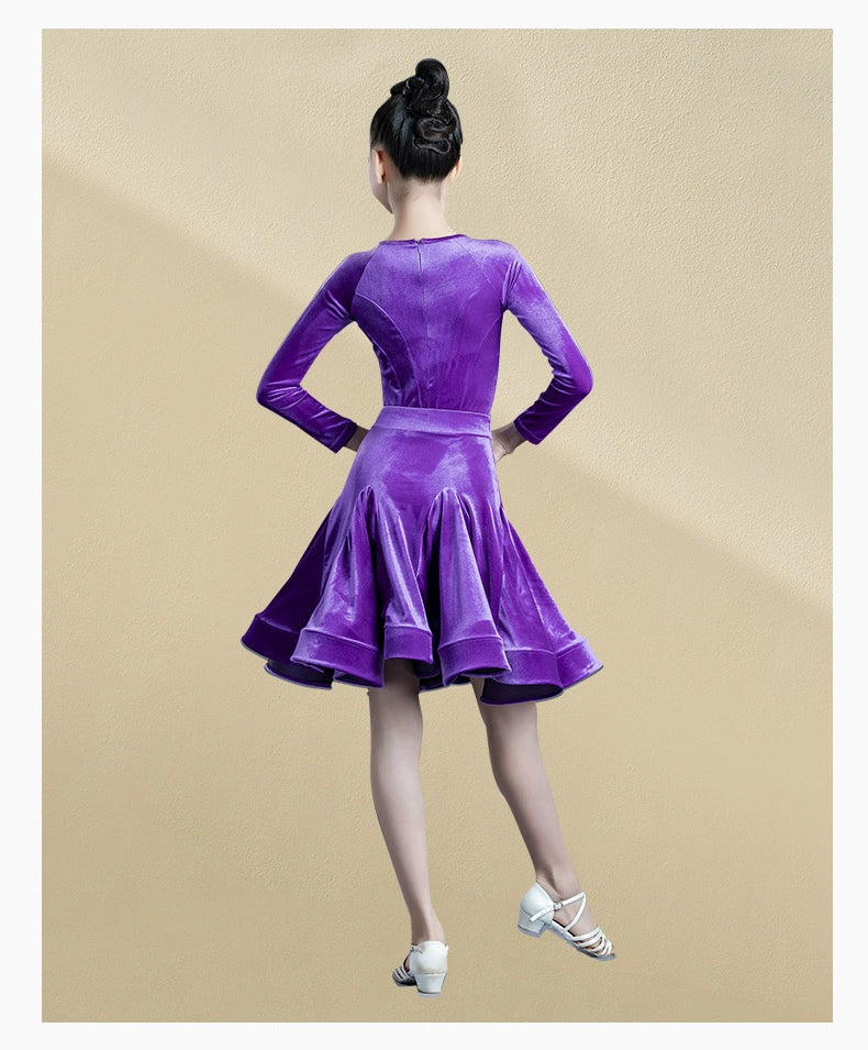 Girls Kids Pink Purple Velvet  Latin Dance Competition Dresses Round Neck Long-sleeved Salsa Chacha Rumba Latin Practice Clothes - Moderndancedress.com