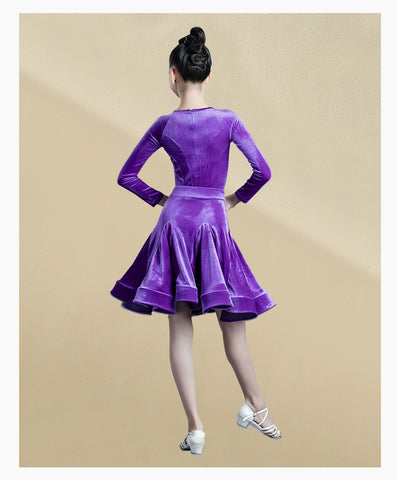 Girls Kids Pink Purple Velvet  Latin Dance Competition Dresses Round Neck Long-sleeved Salsa Chacha Rumba Latin Practice Clothes - Moderndancedress.com