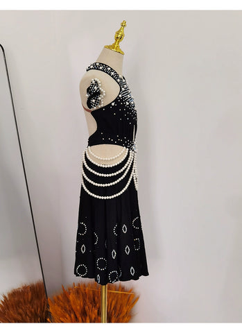 Girls Latin Dance Dresses for Kids Purple Black Pearls Diamond Salsa Rumba Chacha Performance Costumes