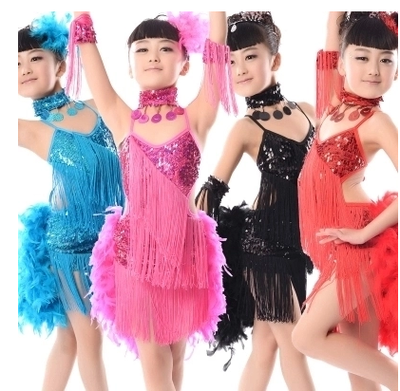 Girls sequin tassels Latin Dance Dresses Children's feather Latin skirt performance clothes girls' sequins fringe Latin dance competition performance clothes