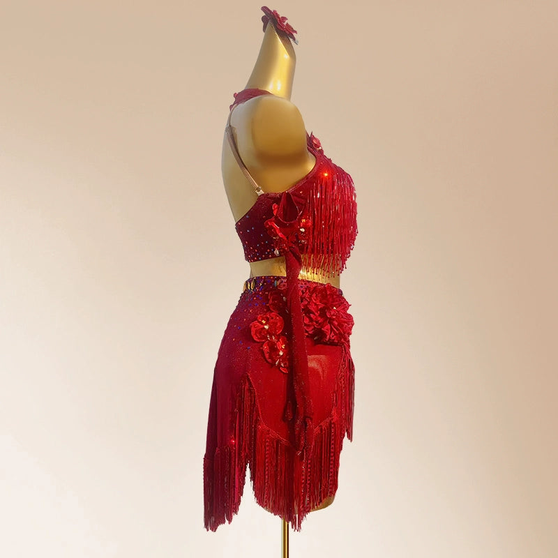 Custom Size Wine Red Competition fringe Latin dance dresses for women girls kids salsa rumba bling performance clothes Blackpool dancing outfits