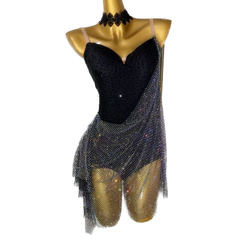 Custom Size Black Diamon Competition Latin Dance Dresses for Women Girls Salsa Rumba Chacha Performance Outfits - Moderndancedress.com