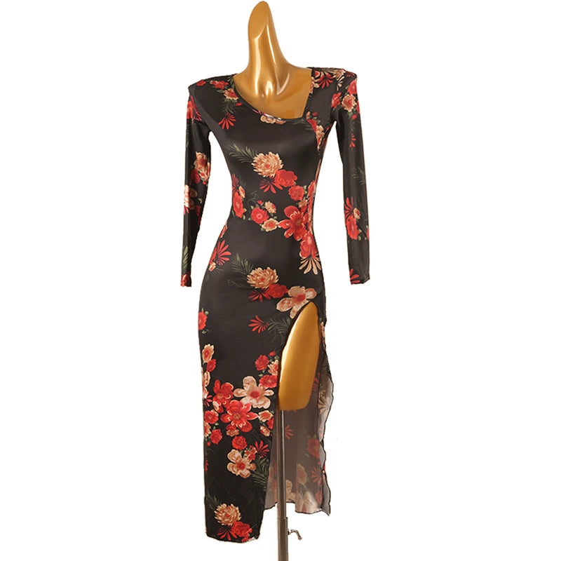 Women Girls Slant-neck Long Latin Dance Dress Black Blue Floral Ballroom Waltz Tango Performance Costumes High Split  Rumba Salsa Chacha Dancing Outfits - Moderndancedress.com