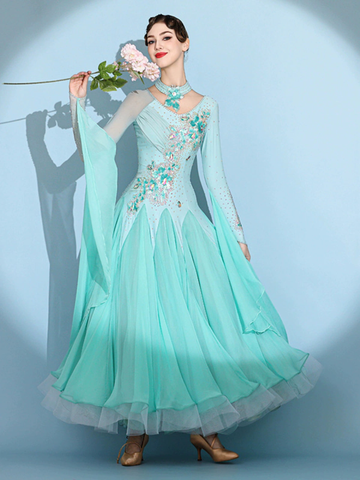 Aqua green color competition ballroom dance dresses for women girls waltz tango senior rhythm modern dance costume - Moderndancedress.com