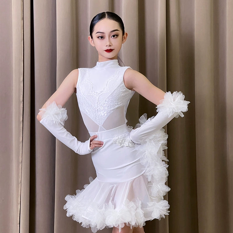 White Black Lace Ruffles Latin Dance Dresses for Girls Kids Salsa Rumba Chach Party Stage Performance Outfits Modern Dance Skrits with Gloves - Moderndancedress.com