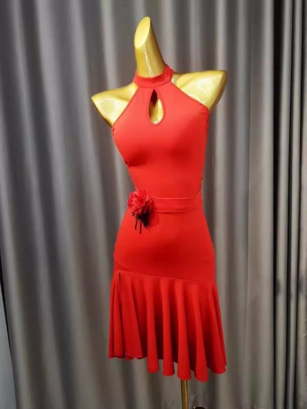 Red latin ballroom dance dress for women girls halter neck backless chacha rumba salsa rhythm dancing costumes for female - Moderndancedress.com