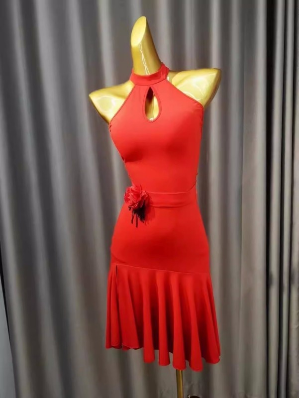 Red latin ballroom dance dress for women girls halter neck backless chacha rumba salsa rhythm dancing costumes for female