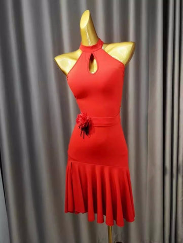 Red latin ballroom dance dress for women girls halter neck backless chacha rumba salsa rhythm dancing costumes for female