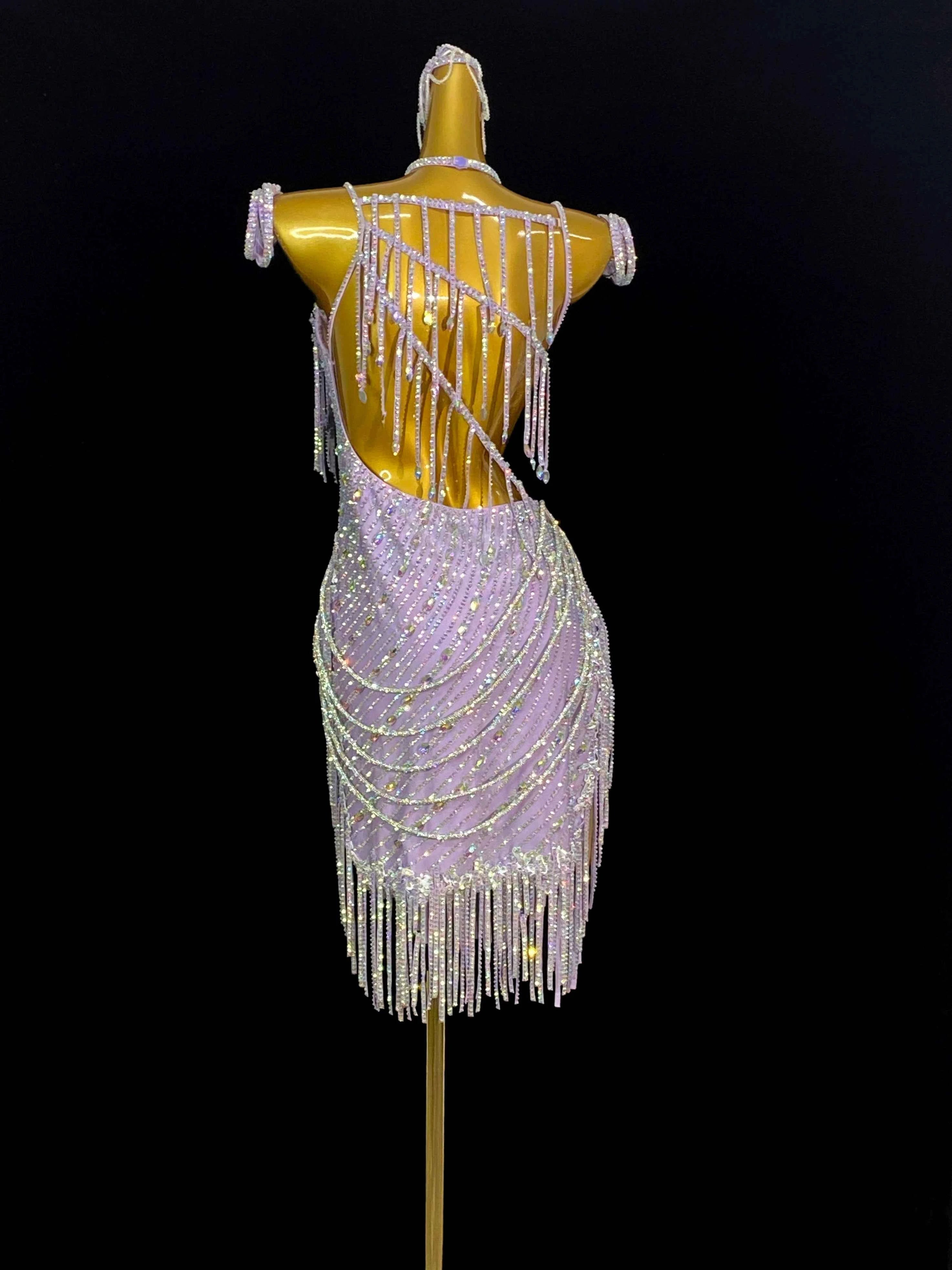 Custom Size Gold Competition Latin Dance Dresses Purple White Gemstones Fringe Salsa Chacha Dance Costumes