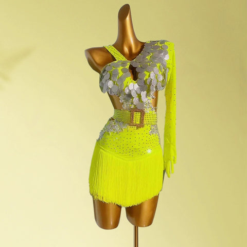 Custom size Fluorescent yellow competition Latin dance dresses for kids girls latin salsa chacha solo performance clothes with gemstones - Moderndancedress.com