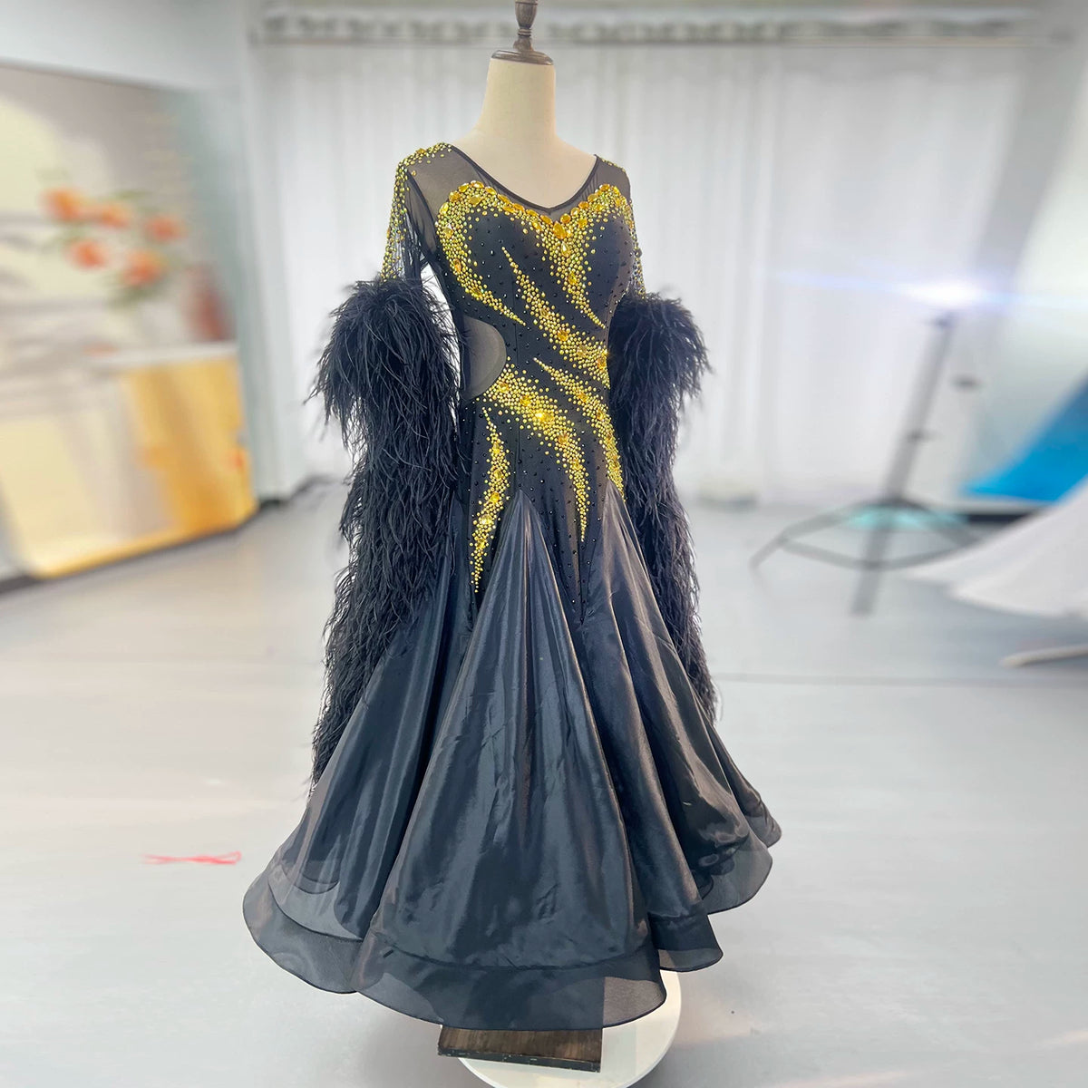 Custom Black and Gold Ballroom Competition Dress with Feathers