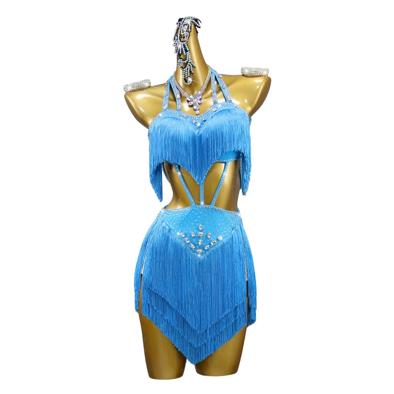 Turquoise Blue Fringe Competition Latin Danc Dresses for Women Girls Salsa Rumba Chacha Modern Dance Outfits - Moderndancedress.com