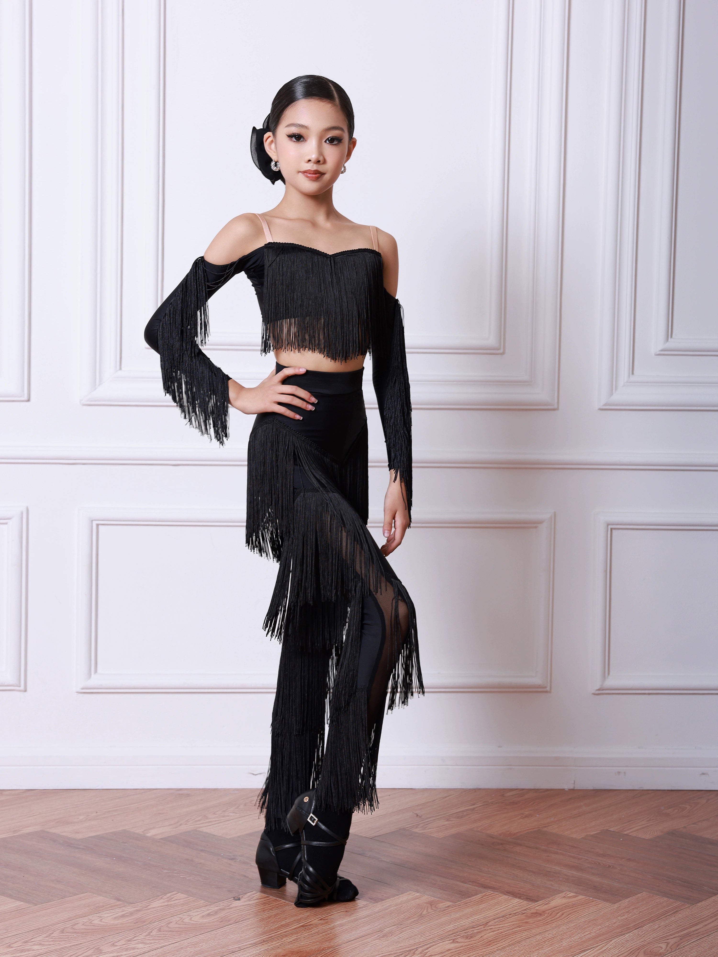 Girls Latin Dance Dresses Kids Black Fringed Salsa Rumba Chacha Dance Pants Ball Party Performance Costumes