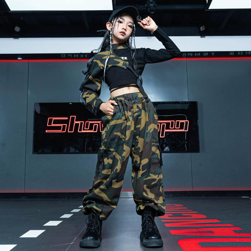 Jazz Dance Street Costume for Girls Camouflage Cargo Pants Gogo Dancers Rapper Singers Party Model Catwalk Outfits for Kids - Moderndancedress.com