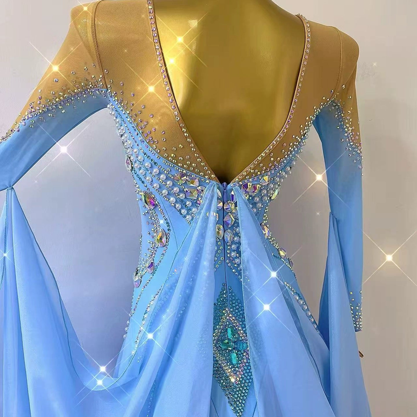 Customized Blue Ballroom Dance Dresses for Women Diamond Waltz Tango Foxtrot Rhythm Dance Long Gown