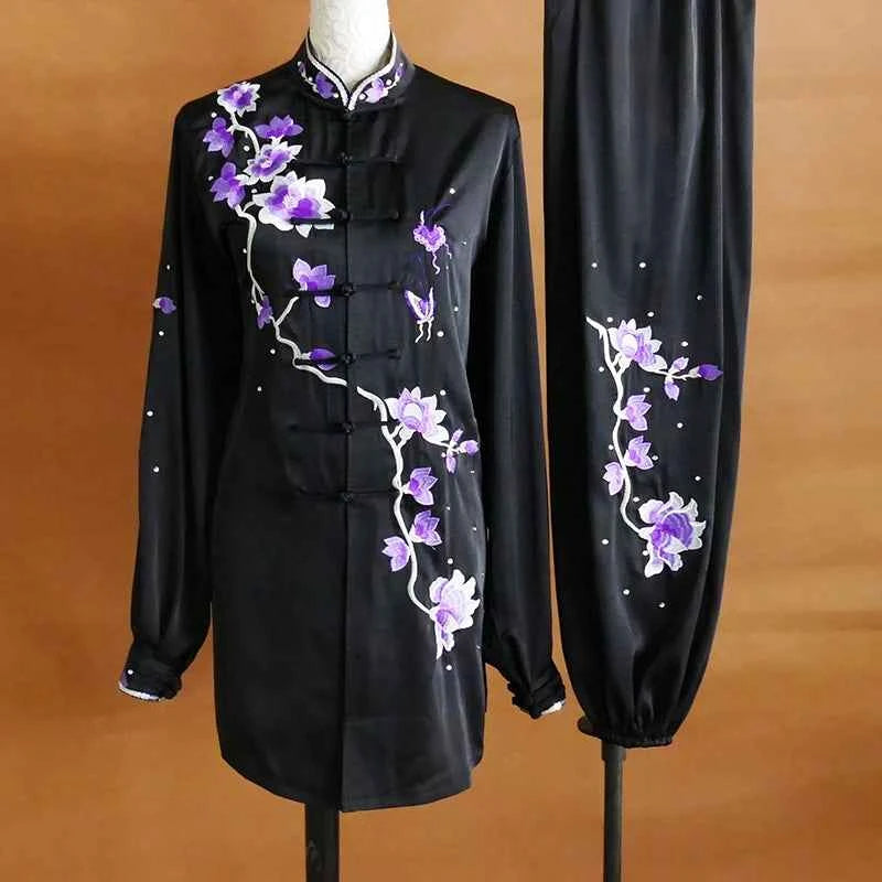 Custom Size Tai Chi Clothing for Women Black Purple Flower Embroidered Martial Arts Wushu Competition Uniforms