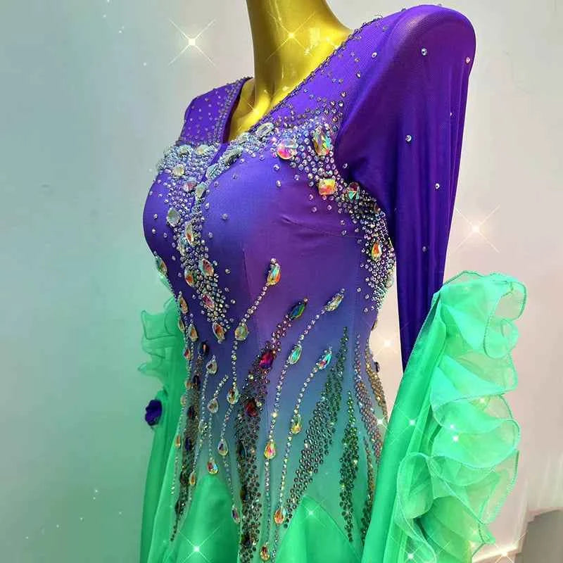 Custom Size Violet Green Gradient Ballroom Dance Dress for Women Waltz Tango Dance Swing Skirts