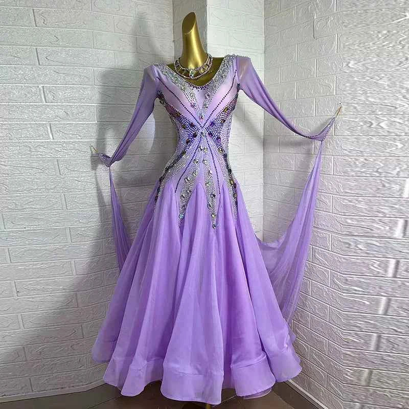 Custom Size Lavender Luxury Ballroom Dance Dress Rhinestones Waltz Competition Dance Gown