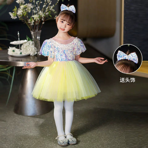 Children's yellow sequin tutu skirt jazz dance dresses boys girls school choir stage performance outfits kindergarten phtos shooting clothes - Moderndancedress.com