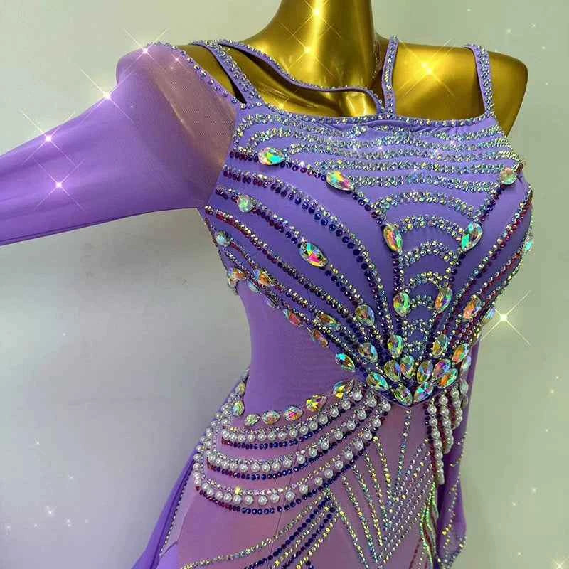 Custom Size Lavender Purple Competition Ballroom Dance Dresses for Women Girls Diamond Waltz Tango Dance Long Swing Skirts