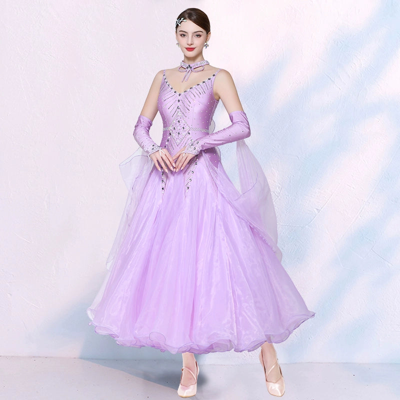 Competition National Ballroom Dance Dresses for Women Girls Mint Lavender White Tango Waltz Foxtrot Performance Long Gown