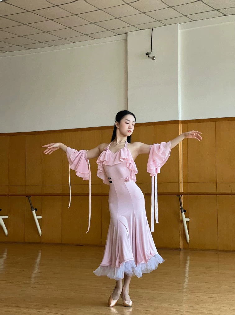 Ballroom Dance Dresses for Women Girls Ruffles Black Pink Lace Waltz Tango Rhythm Dance Long Skirts