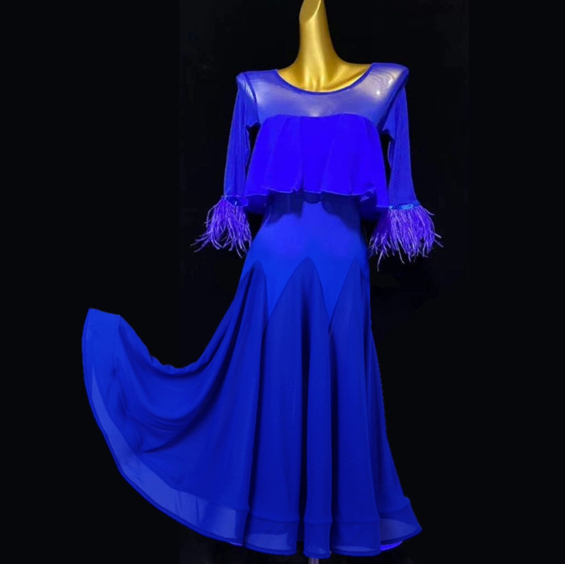 Mid-sleeved Red Feather Ballroom Dance Dresses for Women Girls Royal Blue Waltz Tango Party Competition Ball Gown Swing Skirts - Moderndancedress.com
