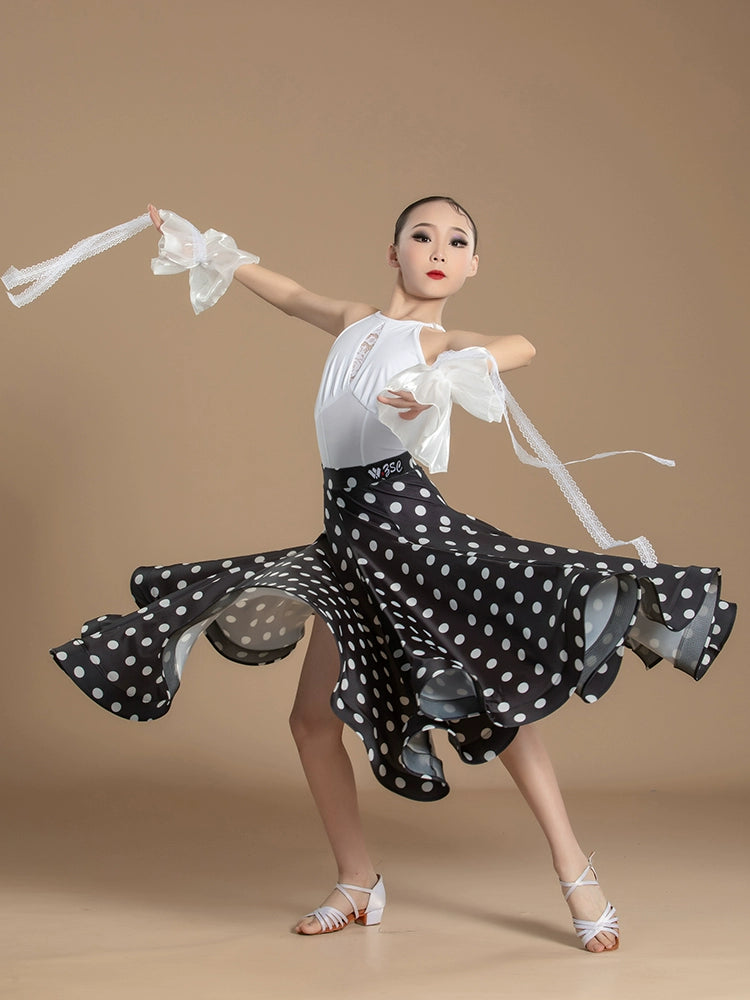 White Lace Polka Dot National Ballroom Dance Dresses for Kids Girls Competition Waltz Tango Party Performance Skirts - Moderndancedress.com