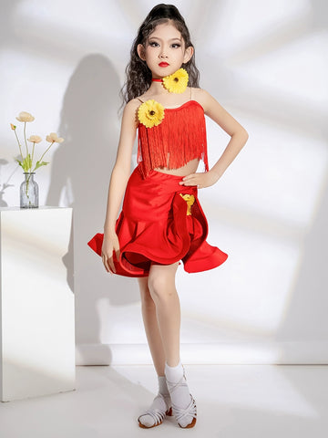 Girls red blue fringe Latin dance competition solo dance costumes modern dance competition clothes for kids - Moderndancedress.com