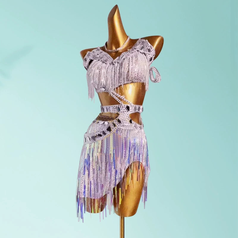 Custom Size Bling Fringe Silver Yellow Latin Dance Competition Dresses for Women Girls Kids Salsa Rumba Cha Cha Jive Performance Costumes - Moderndancedress.com
