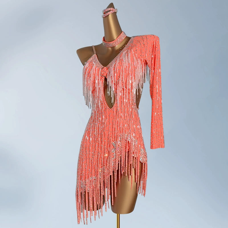 Custom Size Orange Pink Competition Fringe Latin Dance Dresses for Women Girls Salsa Rumba Blackpool Dance Wear - Moderndancedress.com