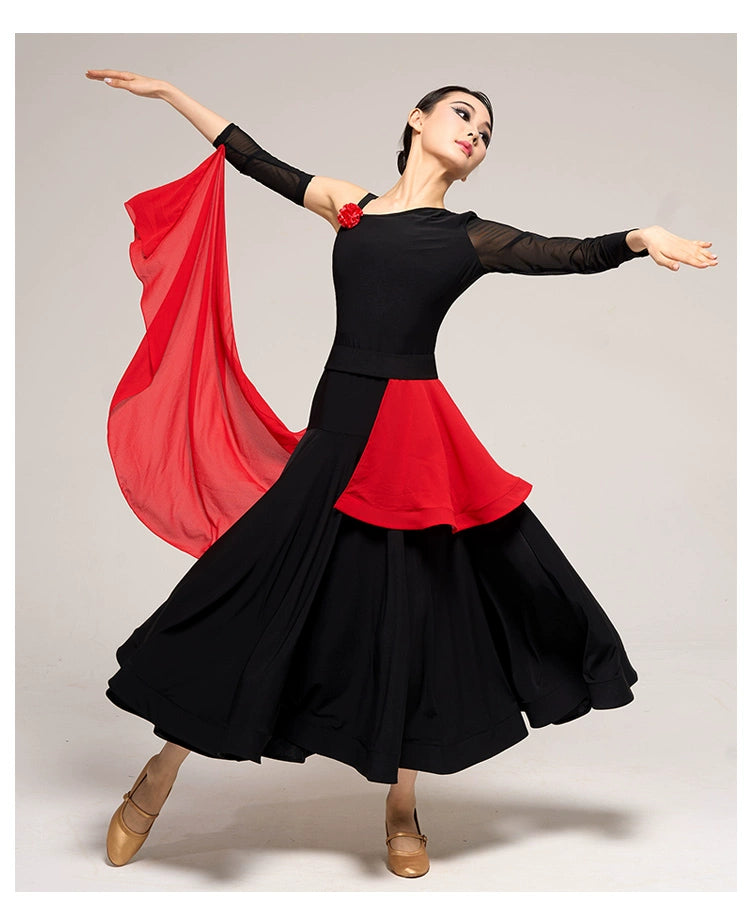 Ballroom Dance Dresses for Women Girls One Shoulder Long Sleeve Black Slant Neck National Standard Waltz Tango Competition Dress - Moderndancedress.com