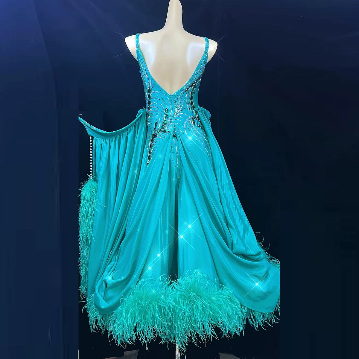 Custom Competition Turquoise Ballroom Dance Dress Premium Feather Waltz Foxtrot Gown