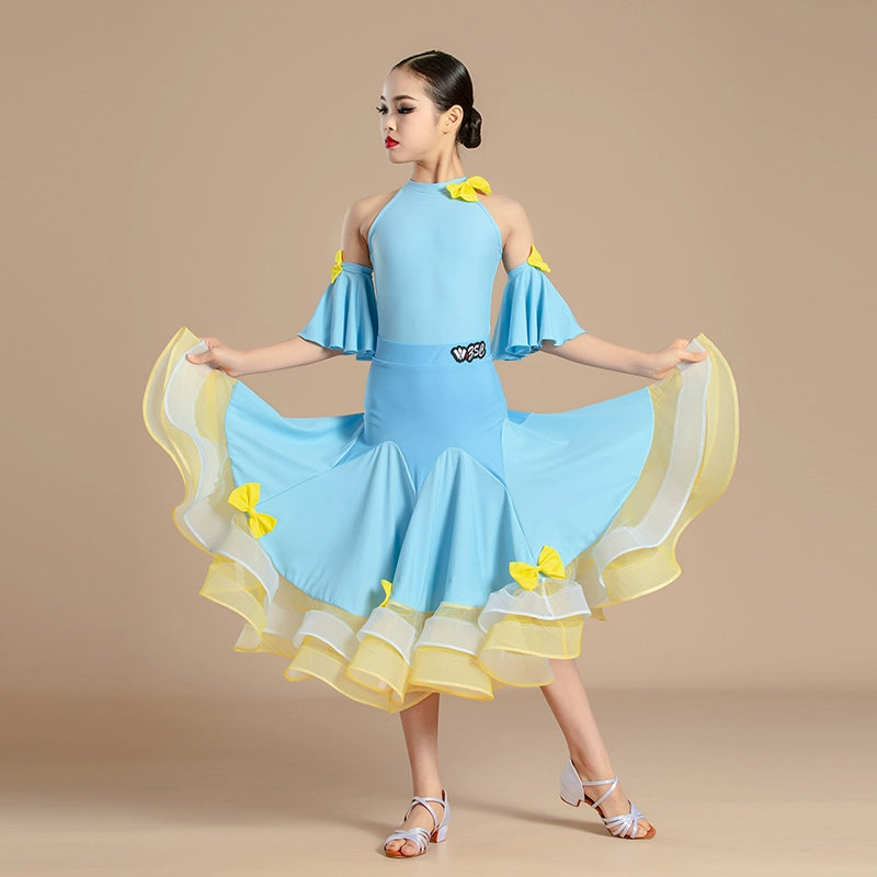 Blue with Yellow Modern National Ballroom Dance Dresses for Girls Kids Children's Waltz Professional Competition Practice Outfits for Children - Moderndancedress.com