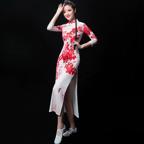 Chinese Folk Dance Costume Classical Dance Costume Female Chinese Style Nationality Modern Cheongsam Umbrella Dance Fan Dance Costume Adult - 