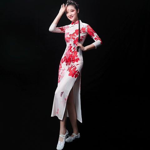 Chinese Folk Dance Costume Classical Dance Costume Female Chinese Style Nationality Modern Cheongsam Umbrella Dance Fan Dance Costume Adult - Moderndancedress.com