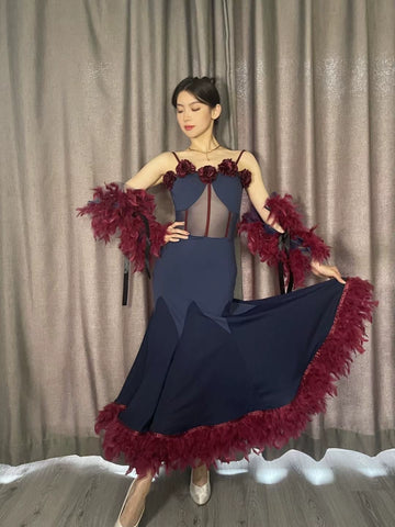 Pink Burgundy Feather Ballroom Dance Dresses for Women Girls Navy Waltz Tango Foxtrot Smooth Dance Art Test Dress Standard Performance Gown - Moderndancedress.com