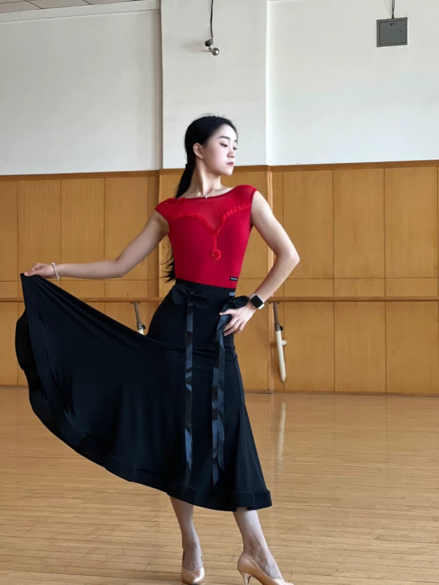 Women Girls Black Red White Ballroom Tango Waltz Dance Dresses Ruffles Sleeveless Lace Jumpsuit Flower Bow Modern Skirt Art Test Performance Costumes - Moderndancedress.com