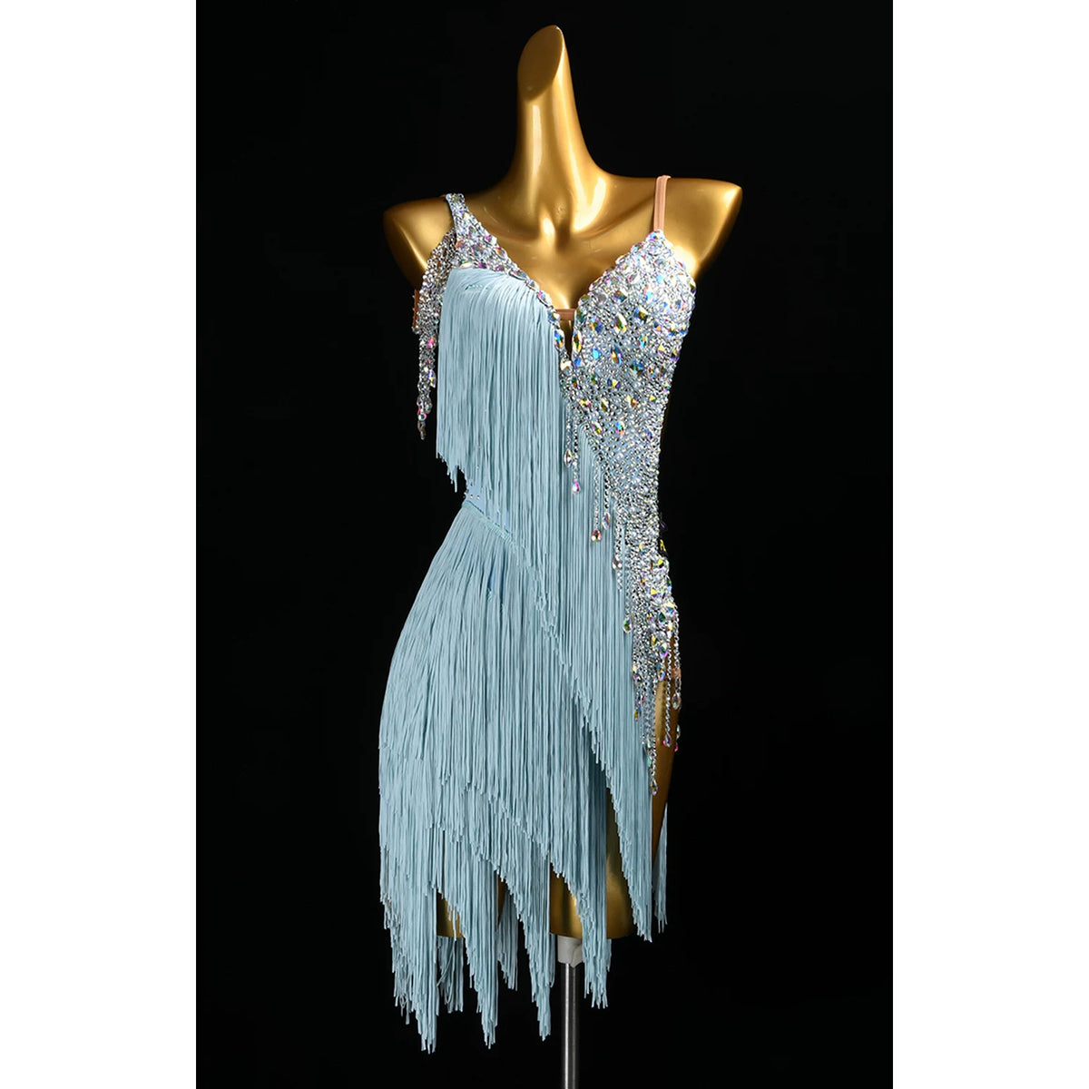 Custom Blue Fringe Competition Latin Dance Dress Salsa Rhythm Dancing Costume