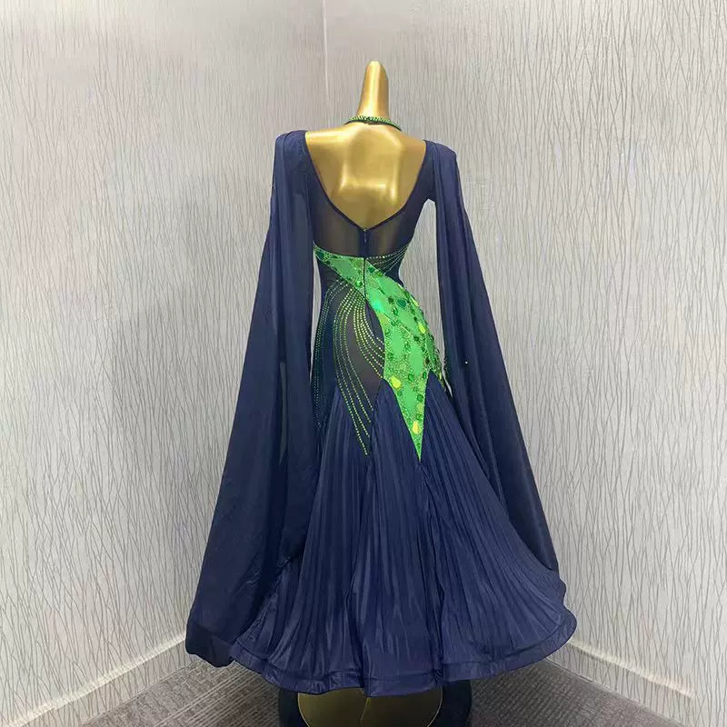 Custom Navy with Emerald Green Competition Ballroom Dance Dress Waltz Tango Smooth Dancing Long Gown