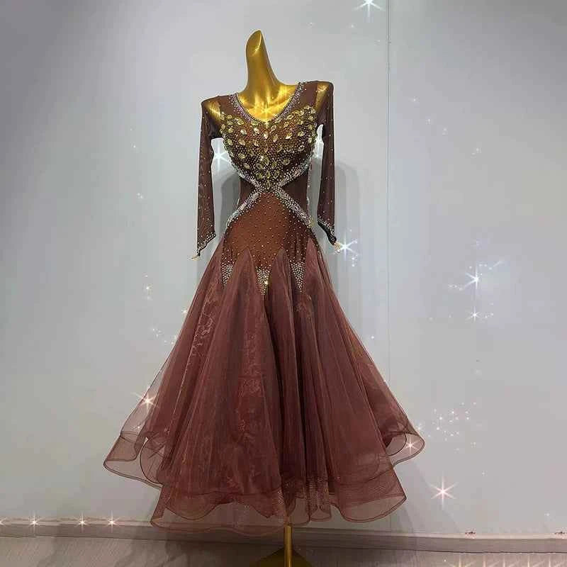 Custom Size Coffee Gold Stones Competition Ballroom Dance Dresses Waltz Tango Dance Long Gown for Women