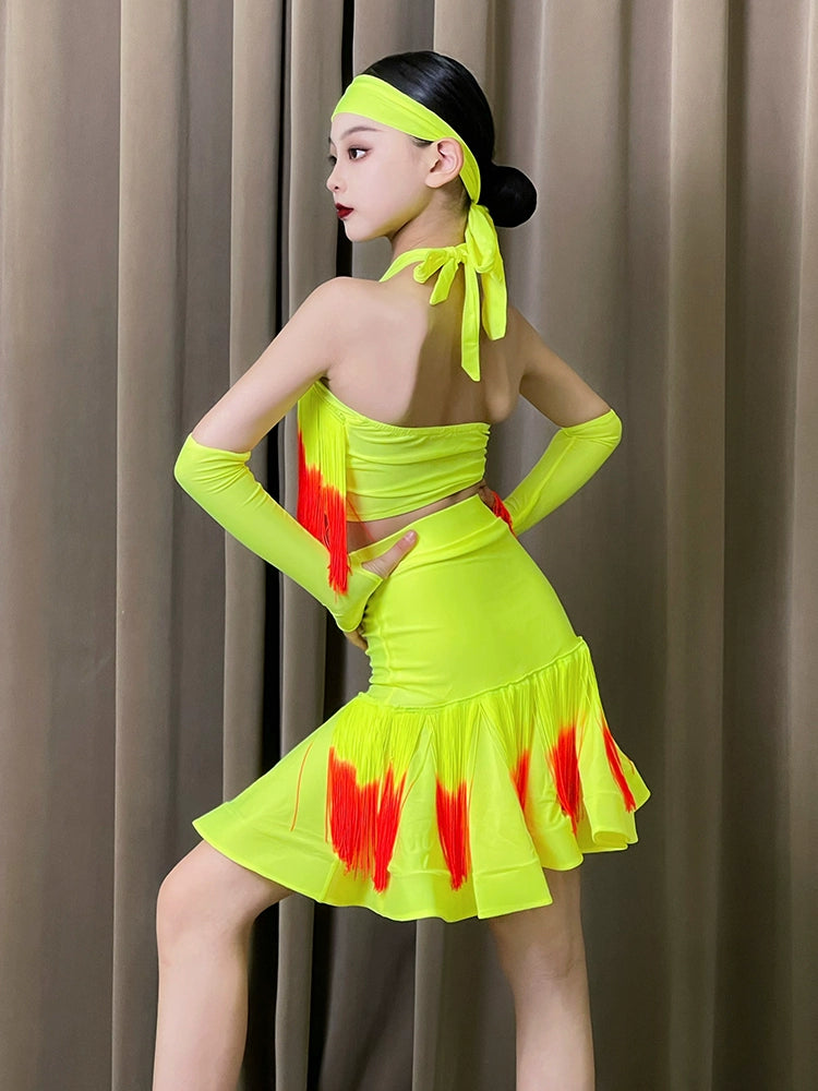 Pink Neon Green Red Fringe Latin Dance Dresses for Girls Kids Salsa Rumba Chacha Halter Neck Performance Clothing for Children - Moderndancedress.com