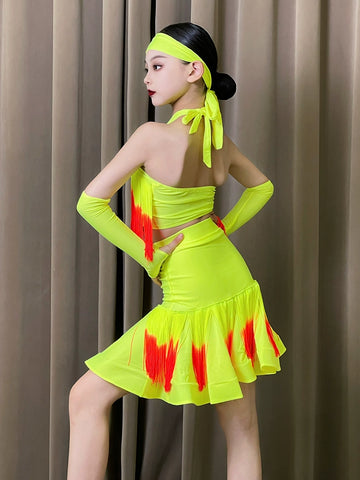 Pink Neon Green Red Fringe Latin Dance Dresses for Girls Kids Salsa Rumba Chacha Halter Neck Performance Clothing for Children - Moderndancedress.com