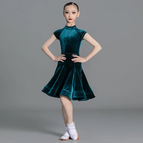 Latin Dance Competition dresses for kids girls wine green Short Sleeves Standard ballroom latin Competition Suit