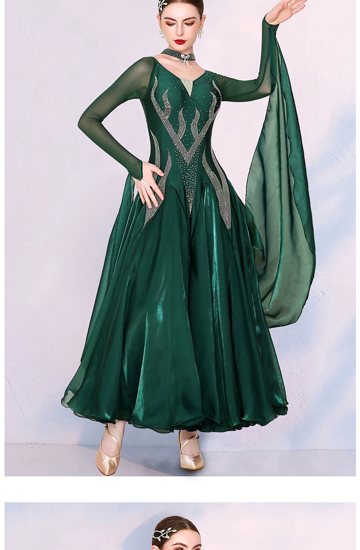 Women Dark Green Ballroom Dance Dress - Silver Rhinestone Waltz Foxtrot Gown