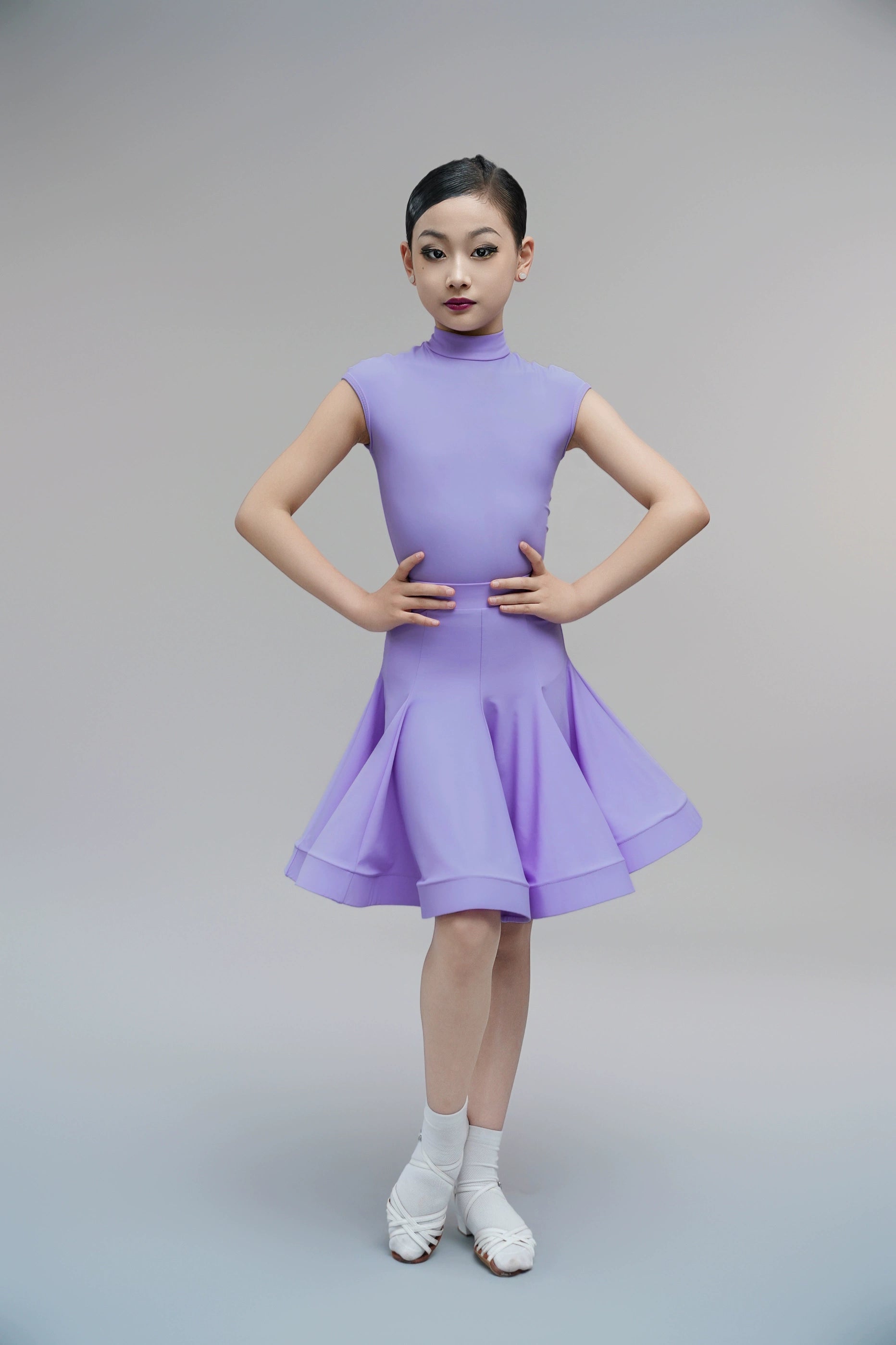 Children's Latin dance dresses for girls kids blue purple white turtleneck latin ballroom salsa competition outfits short sleeve fishbone skirt - Moderndancedress.com